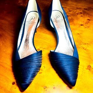 Adrianna Papell Navy Satin Kitten Heel Ruched Front D’Orsay Pumps Size 9 1/2 US